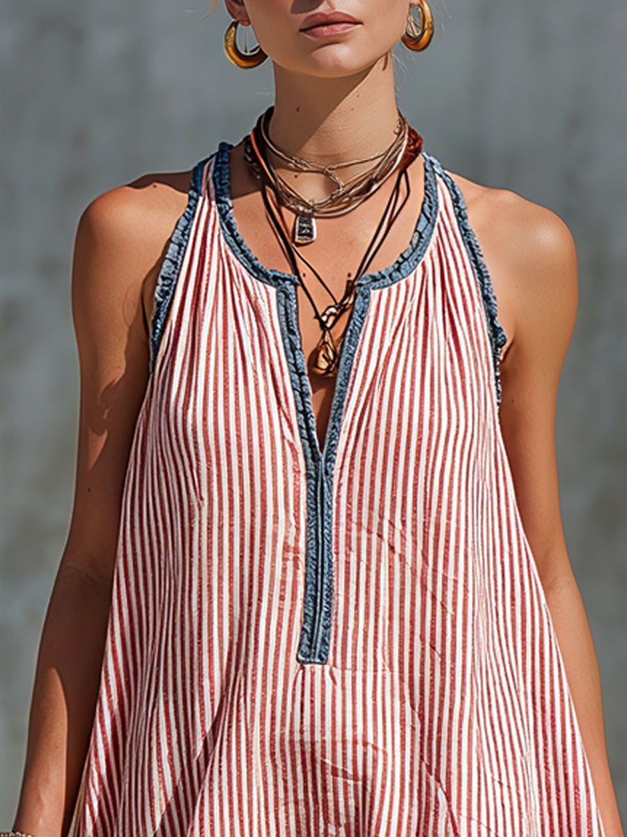 Lola – Sleeveless Striped Minidress with Ruffles and Round Neck