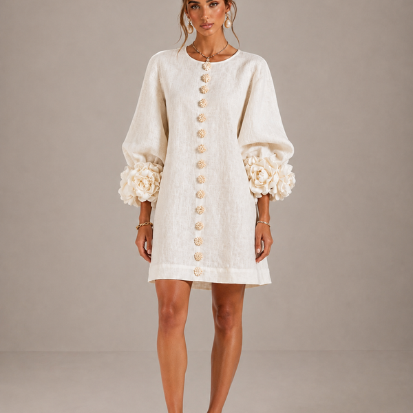 Alessia – Linen-Look Mini Dress with Puff Sleeves