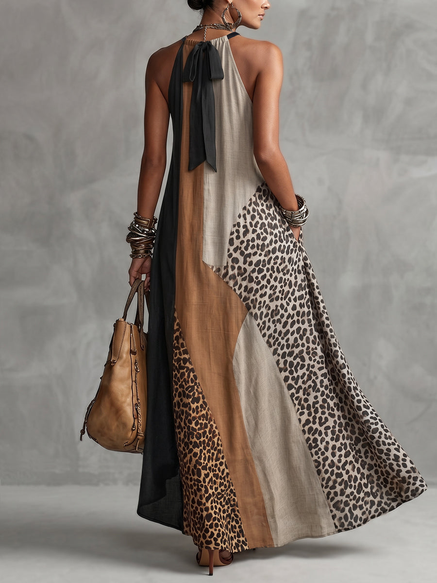 Lucia - Maxi Halter Dress with Leopard Print and Asymmetric Inserts