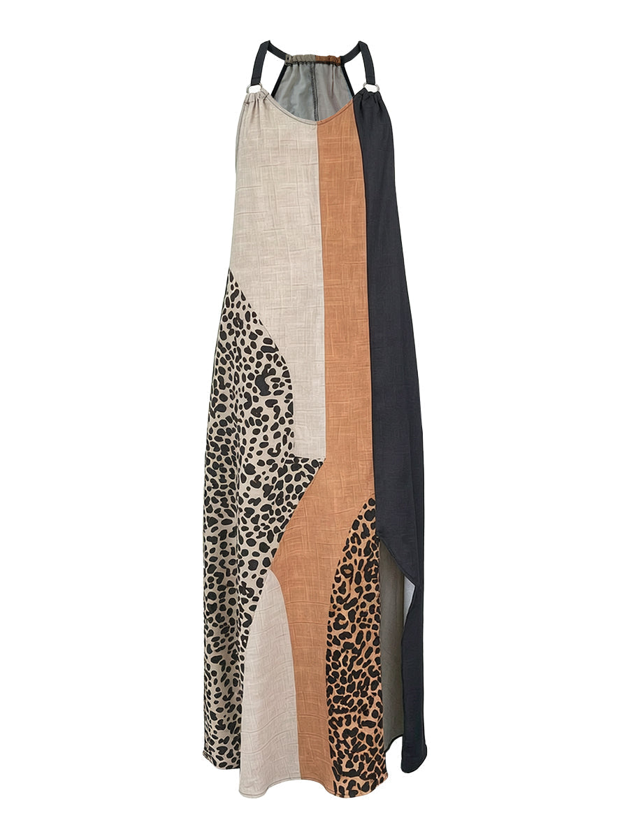 Lucia - Maxi Halter Dress with Leopard Print and Asymmetric Inserts
