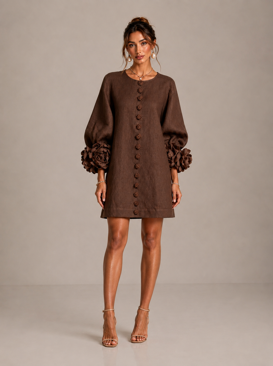 Alessia – Linen-Look Mini Dress with Puff Sleeves