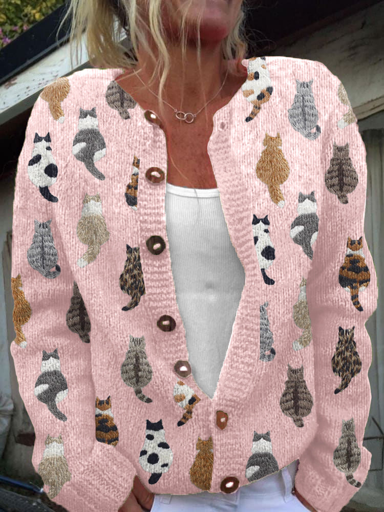 Marguerite — Cozy Artistic Cat Print Knit Cardigan