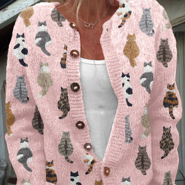 Marguerite — Cozy Artistic Cat Print Knit Cardigan