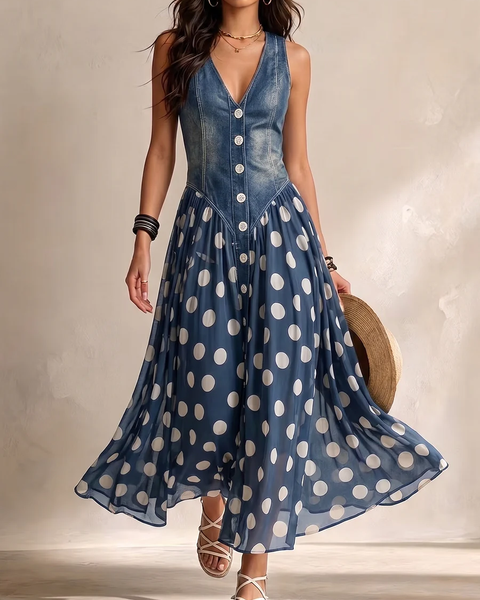 Océane - Long Denim Dress with Dots