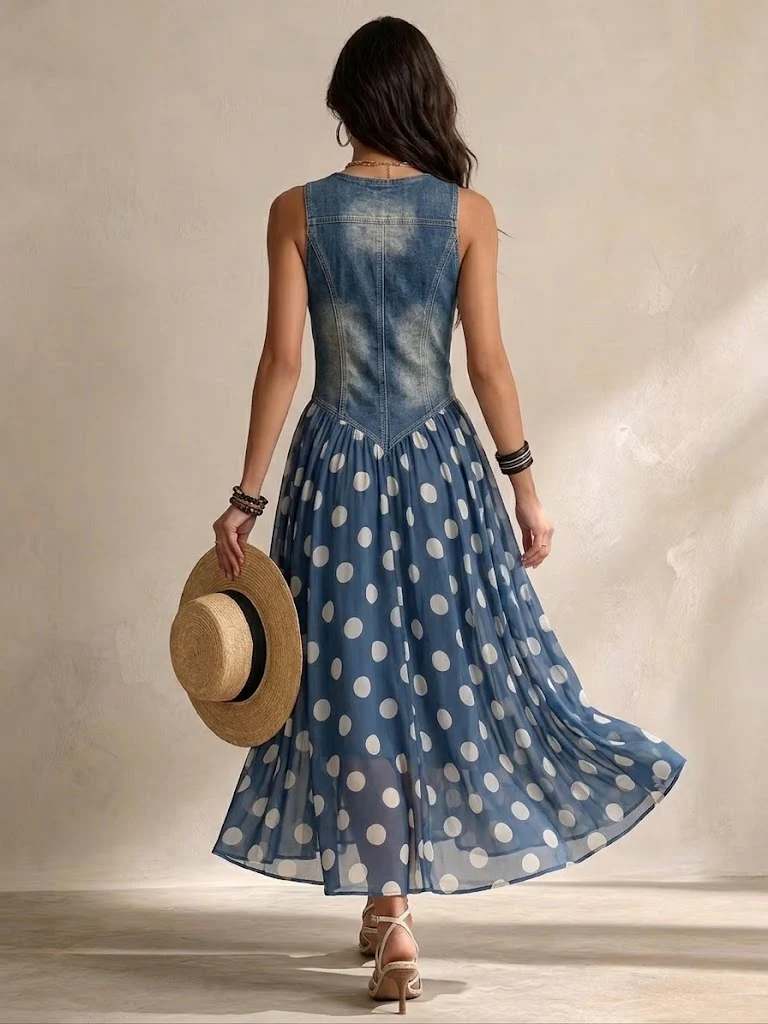 Océane - Long Denim Dress with Dots