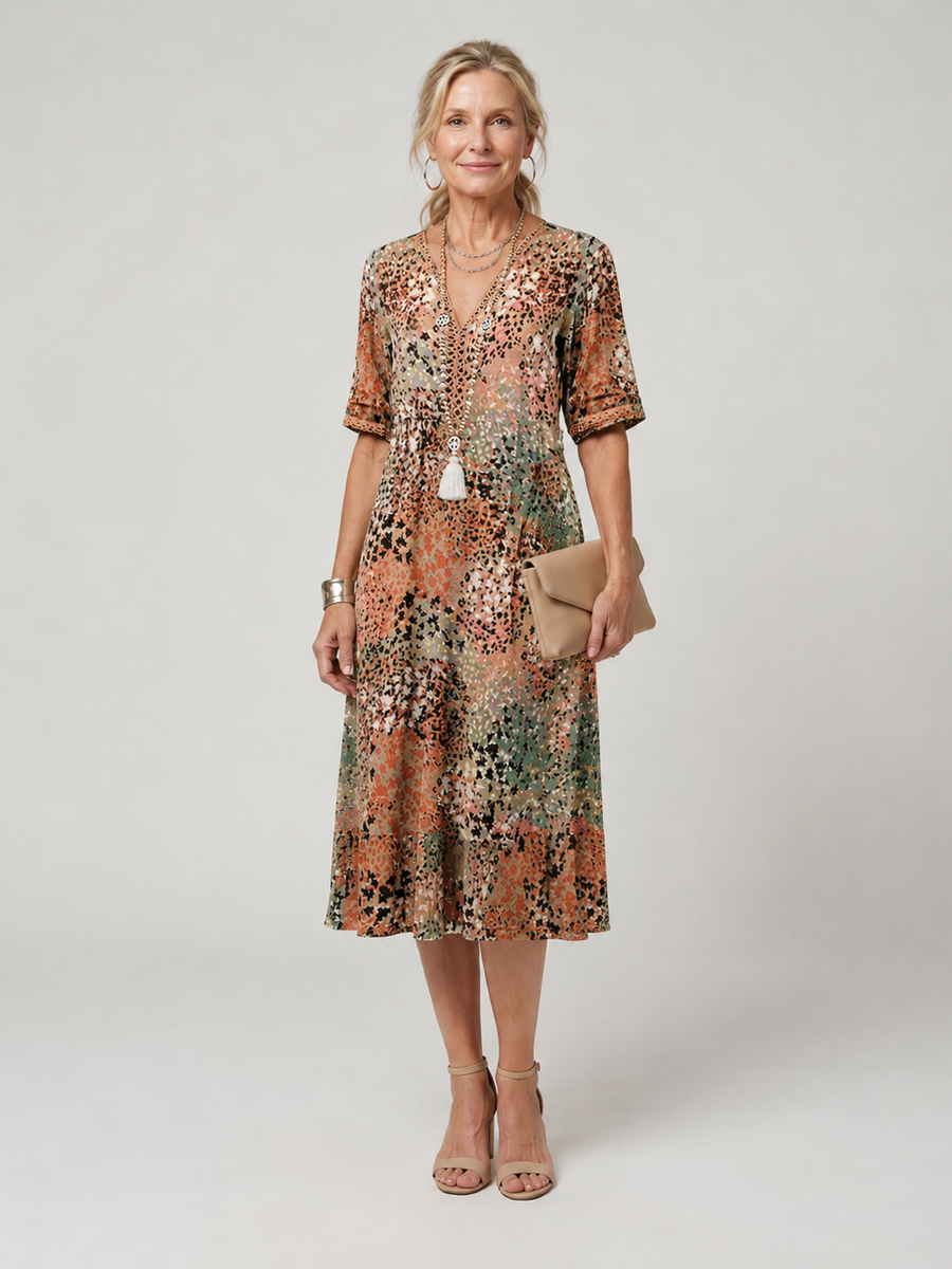 Adeline - V-Neck Printed Midi Dress