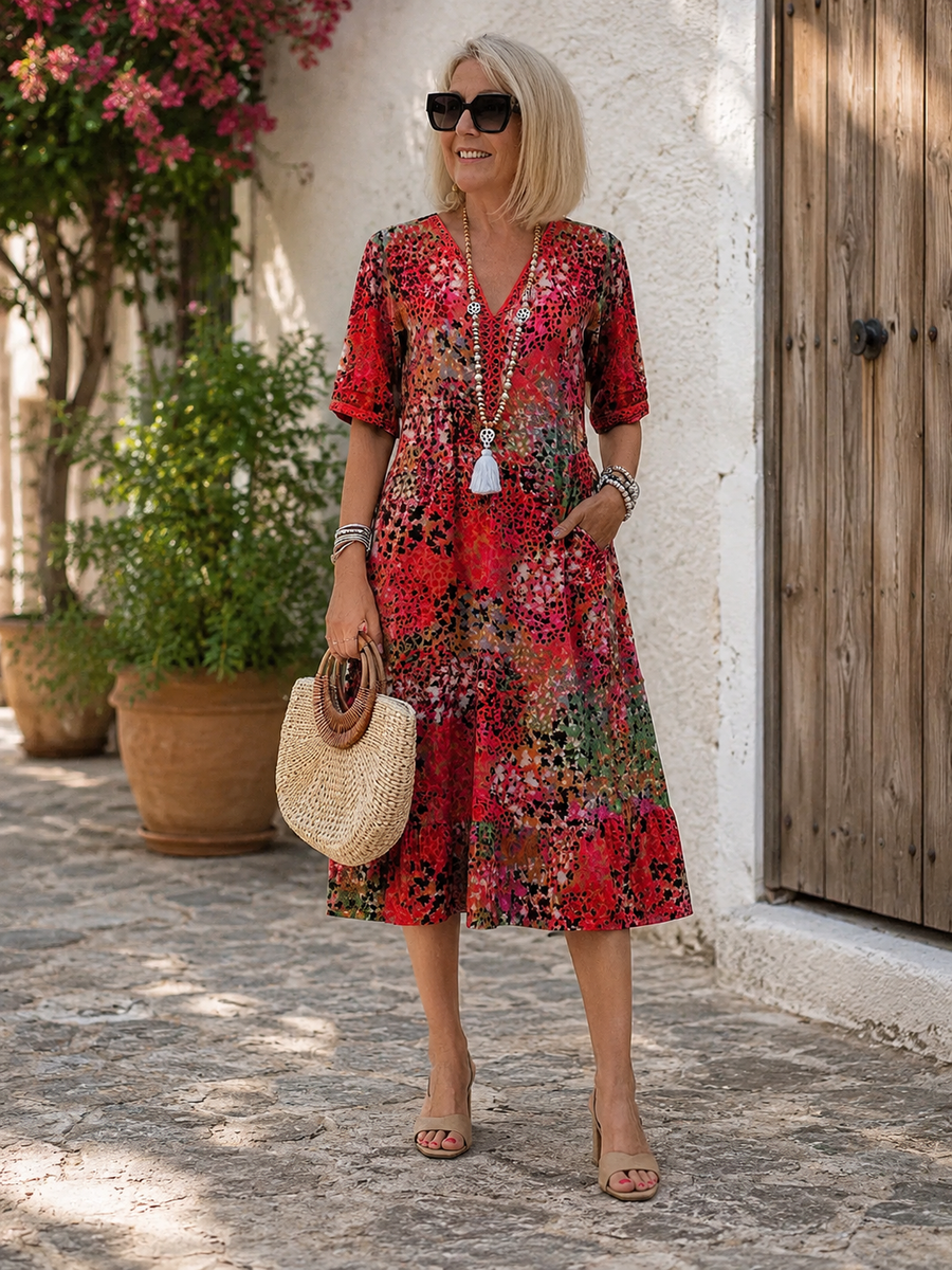 Adeline - V-Neck Printed Midi Dress