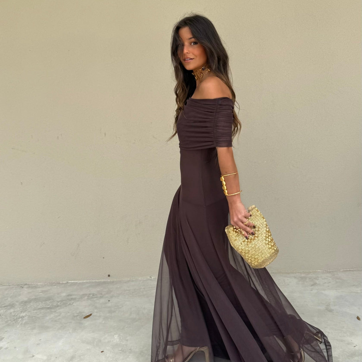 Marisol – Off-Shoulder Draped Tulle Maxi Dress