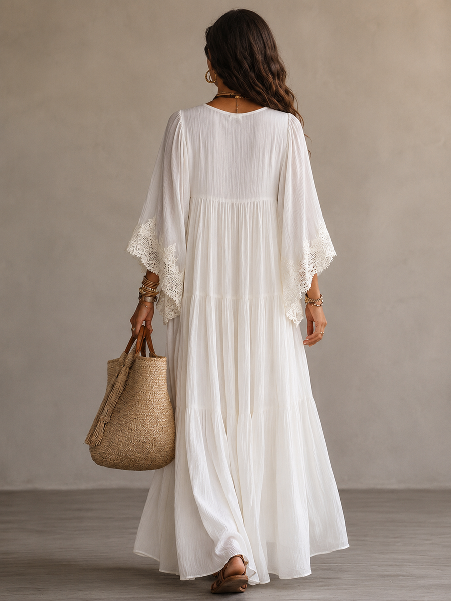 Isla Boho Maxi Dress — Ivory Chiffon and Romantic Lace