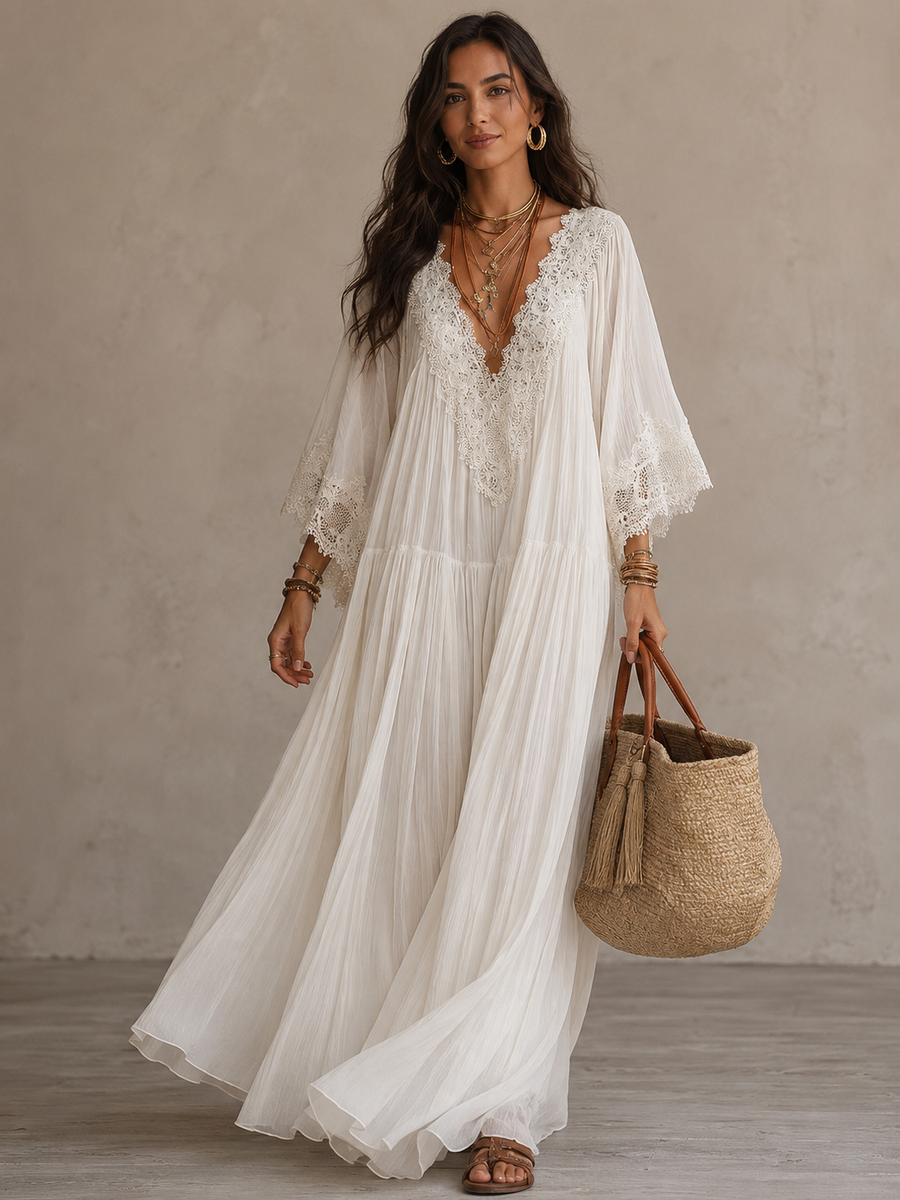 Isla Boho Maxi Dress — Ivory Chiffon and Romantic Lace