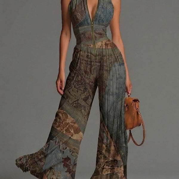 Selvaggia - Ethnic Print Jumpsuit with V-Neck and Wide Legs